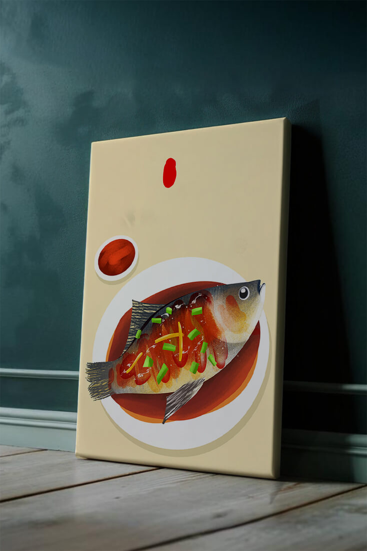 Illustration of a colorful fish dish with garnish