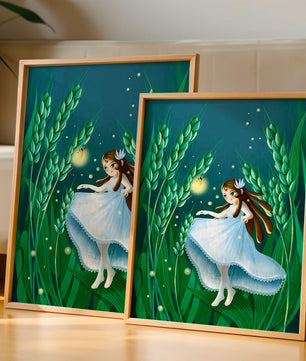 Enchanting fairy in magical wheat field at night
