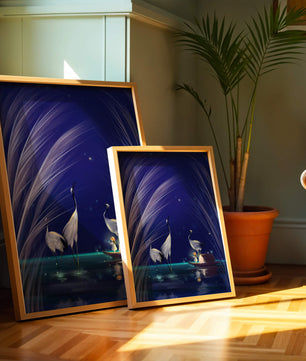 Serene night scene with graceful cranes and a magical boat ride