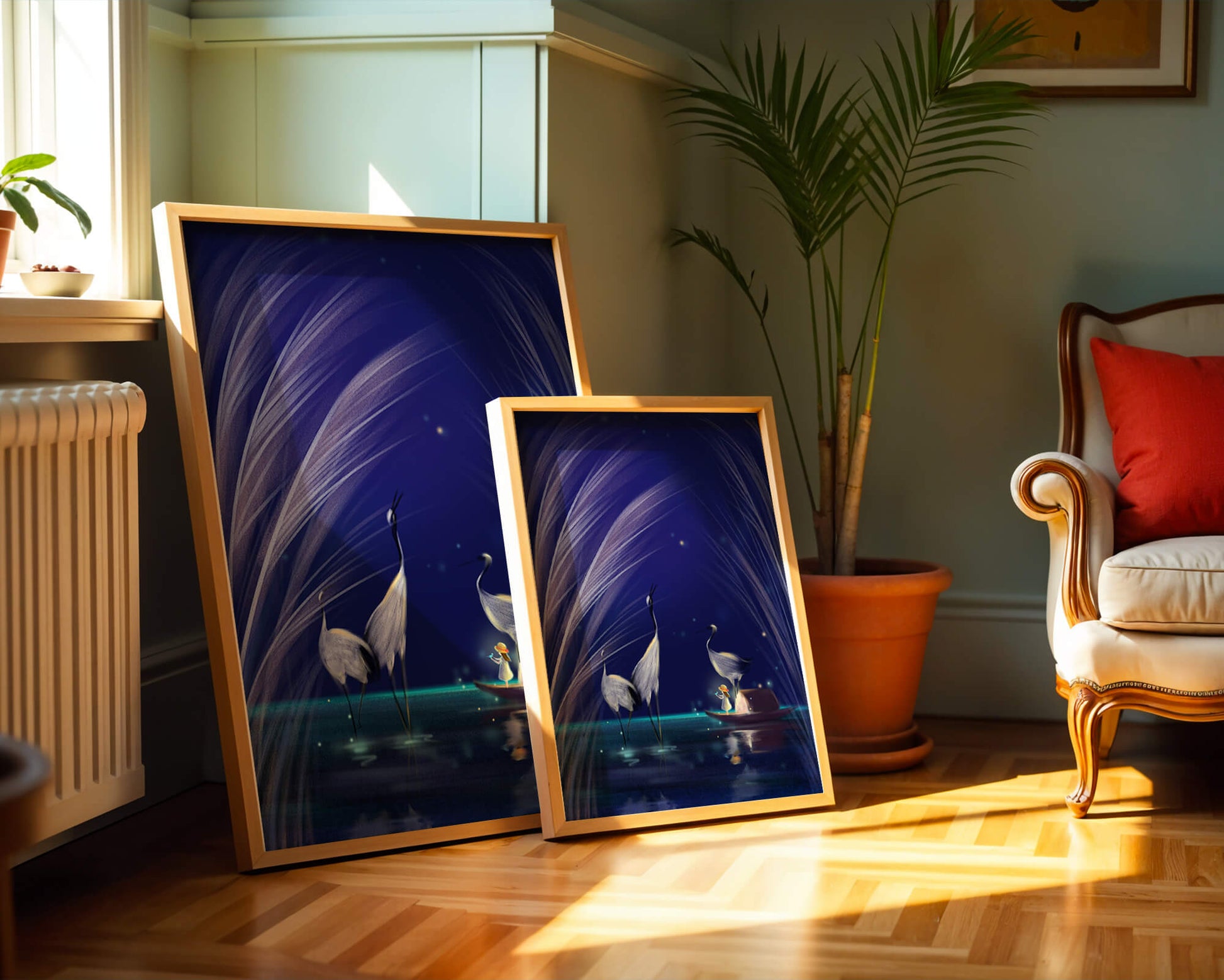 Serene night scene with graceful cranes and a magical boat ride