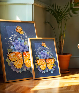 Colorida ilustración de mariposa y flores azules