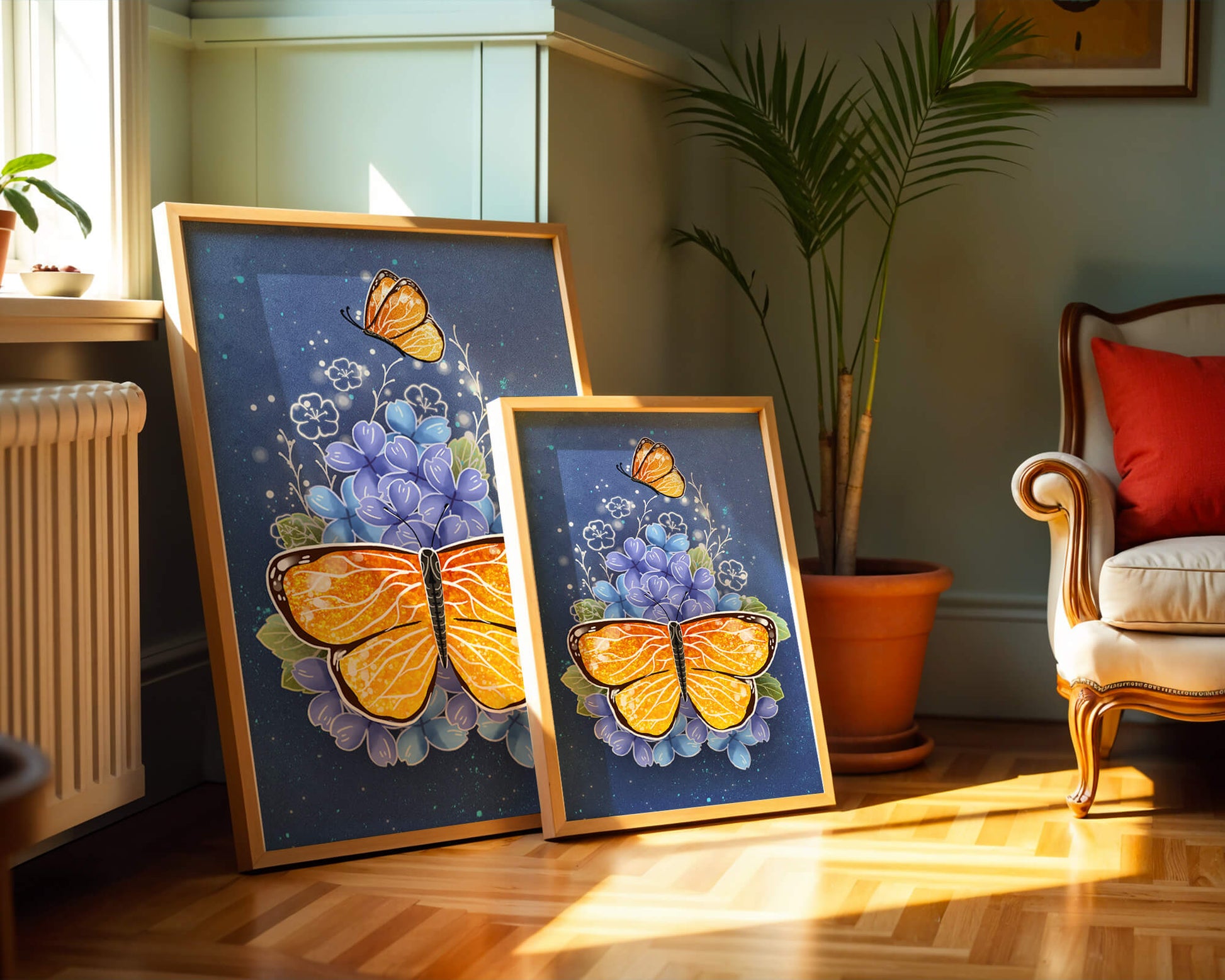 Colorida ilustración de mariposa y flores azules