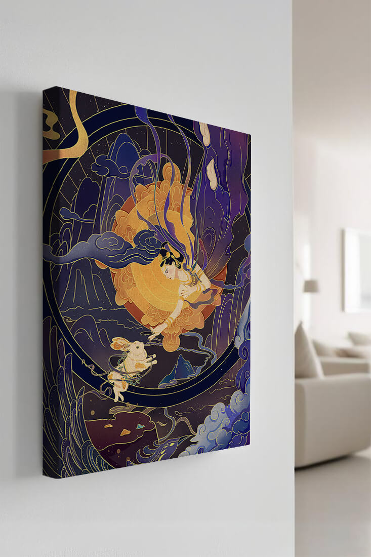 Elegant goddess reaching towards a celestial rabbit in a cosmic scene