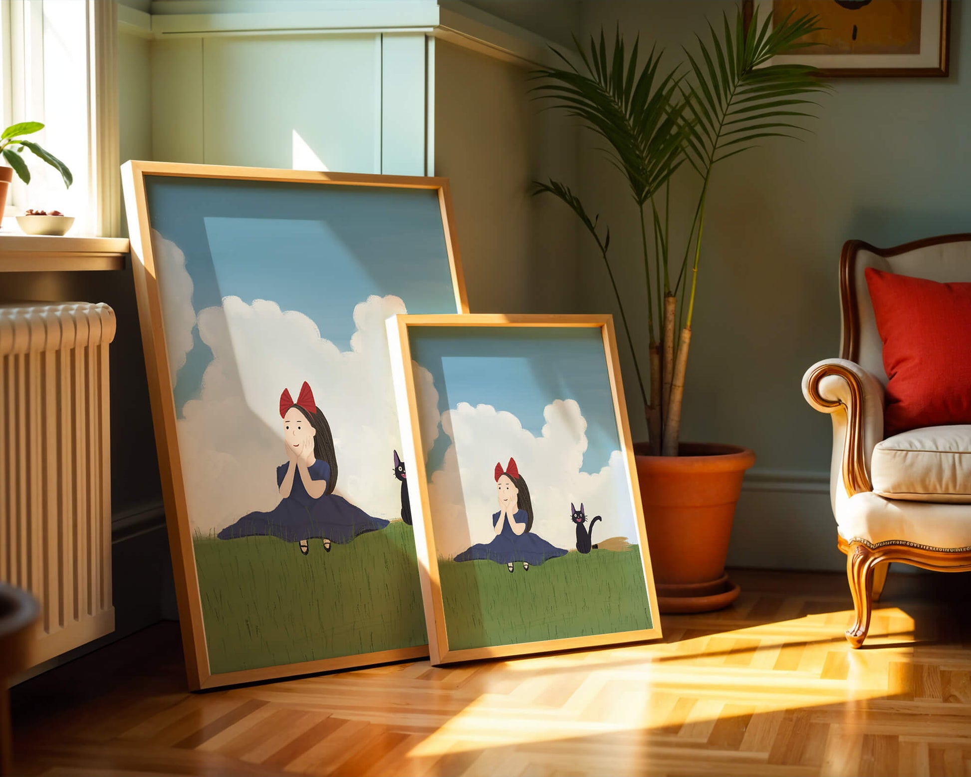 Girl with Red Bow and Cat in Lush Green Meadow