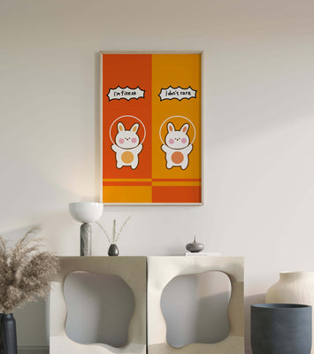 Adorable cartoon bunnies on vibrant orange and yellow background
