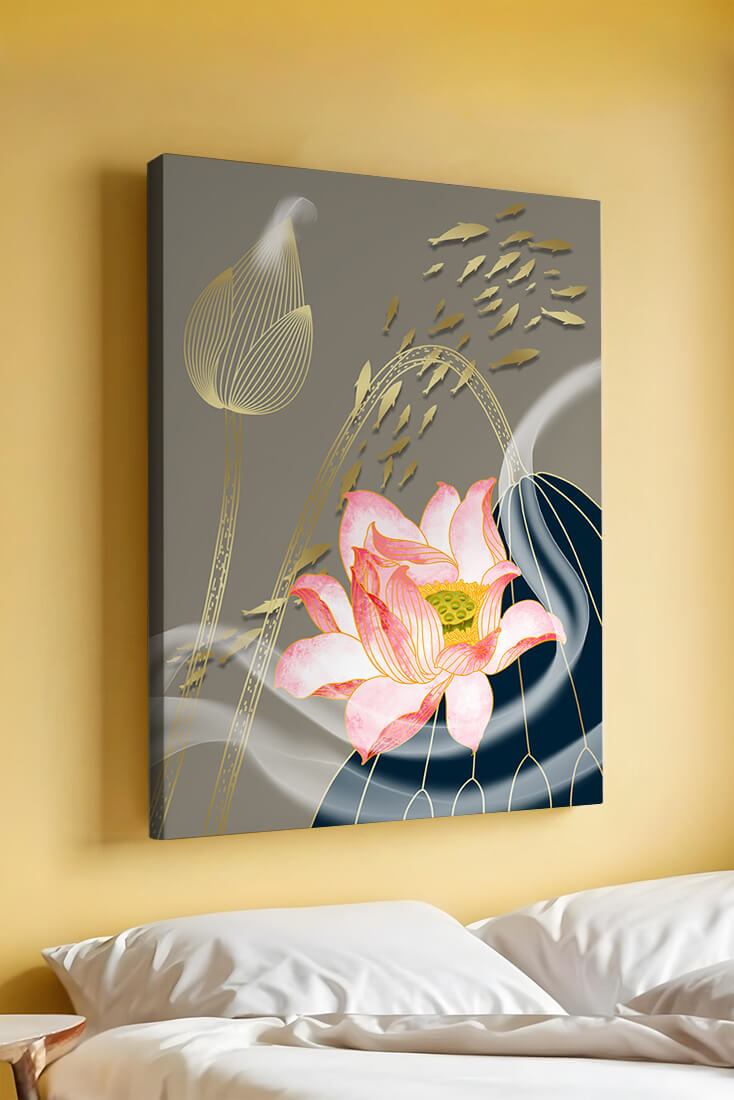 Elegant floral design with blooming lotus and golden fish accents