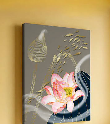 Elegant floral design with blooming lotus and golden fish accents