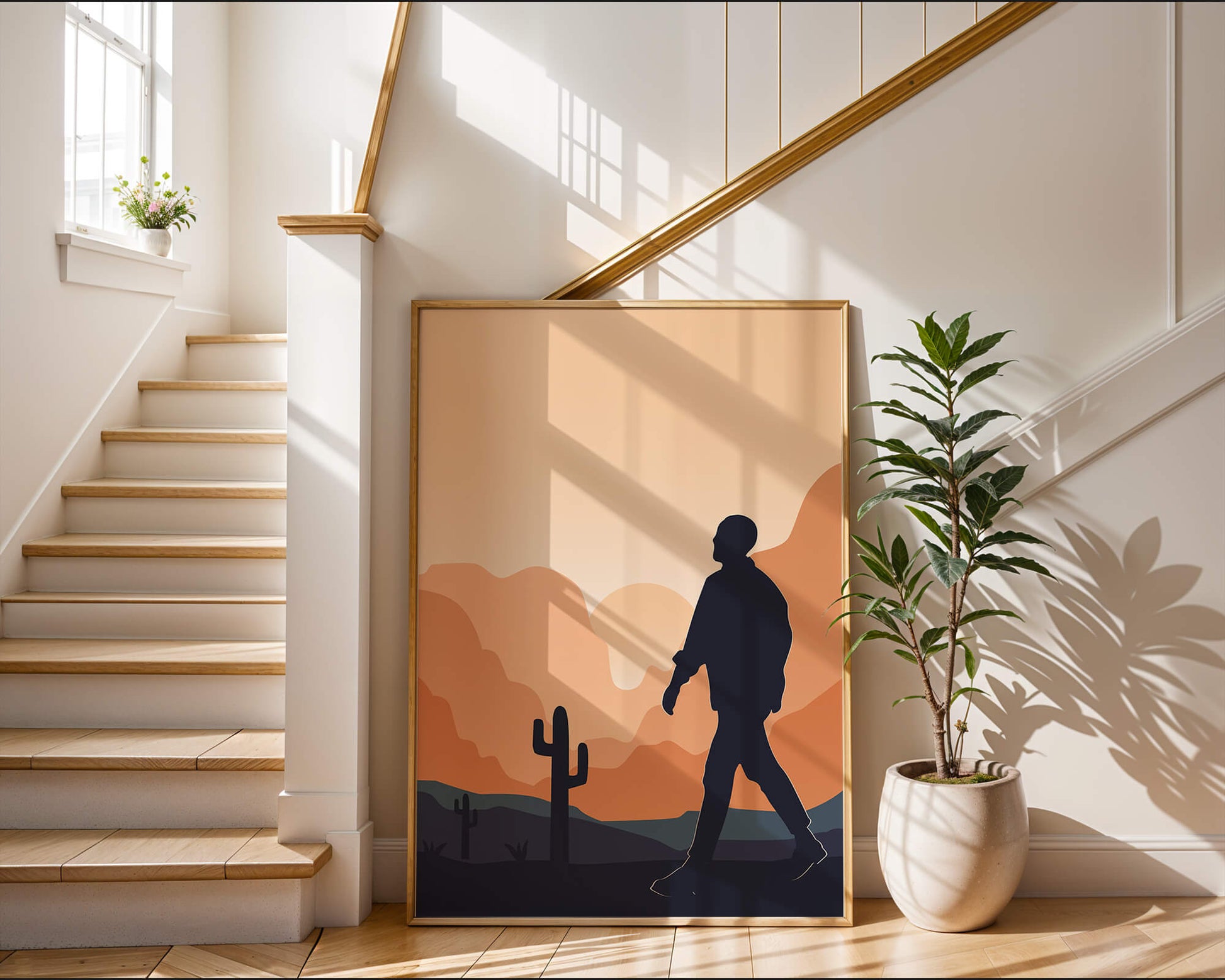 Silhouetted figure walking in desert landscape at sunset
