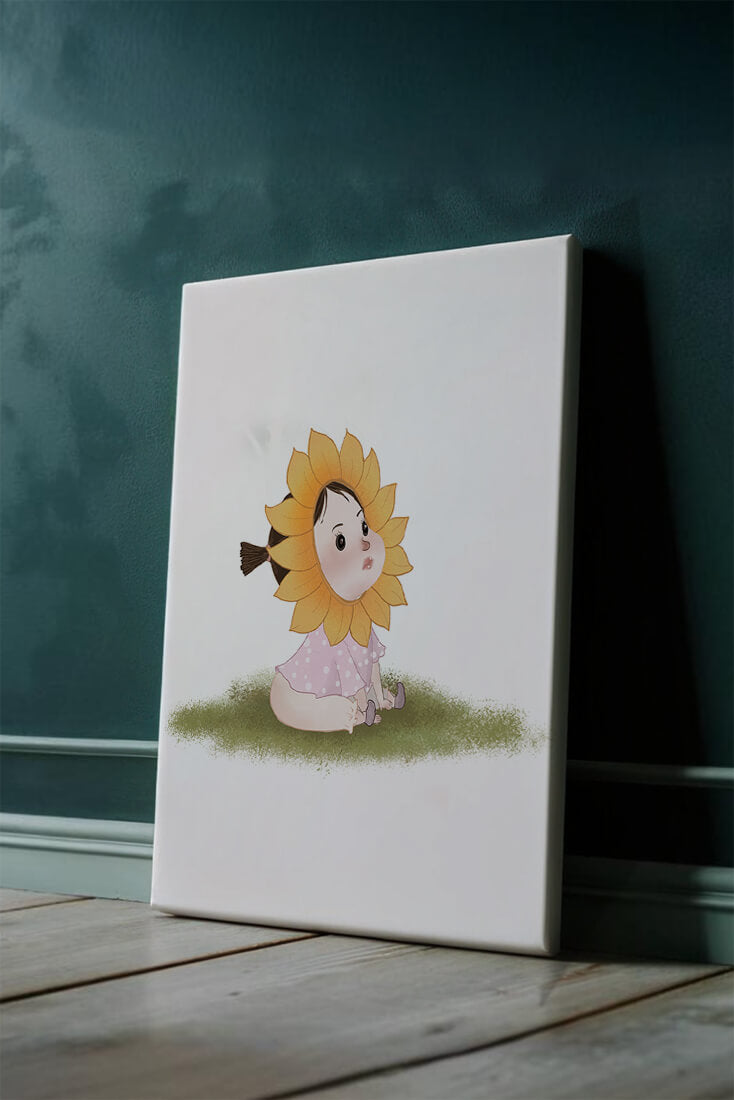 Adorable child with sunflower costume sitting on a grassy patch