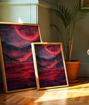 Surreal Scarlet Landscape with Bridge and Celestial Body