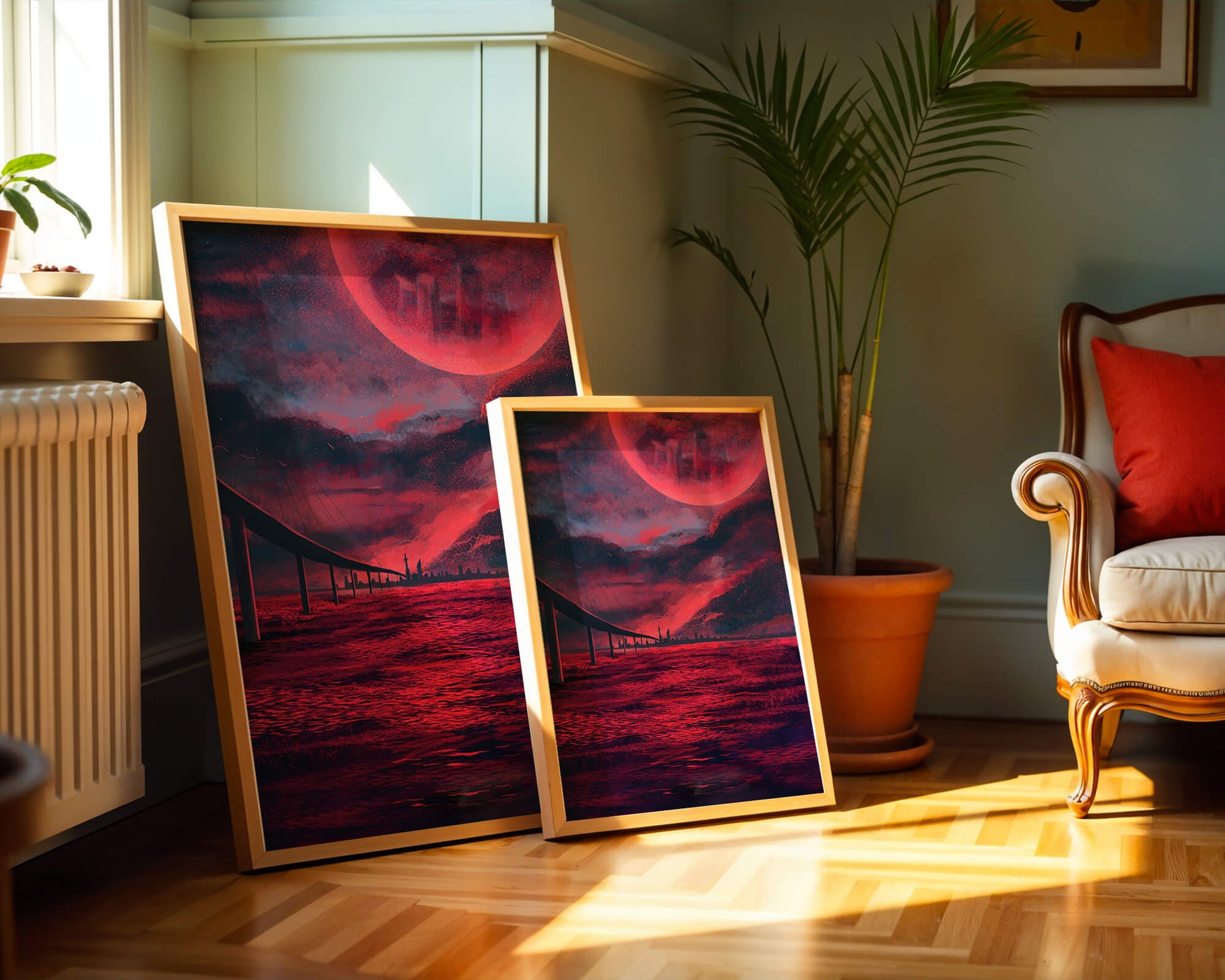 Surreal Scarlet Landscape with Bridge and Celestial Body
