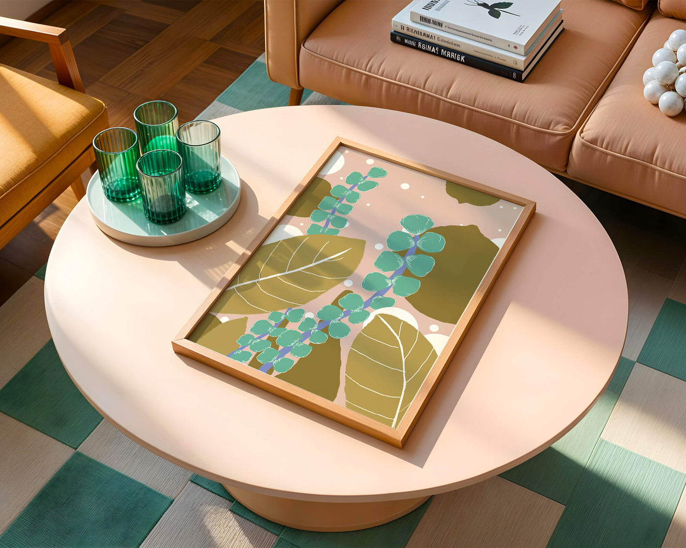 Abstract botanical design with green and golden leaves