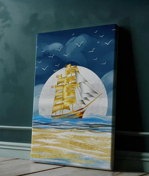 Navire à voile doré sur la mer avec des mouettes et un horizon bleu