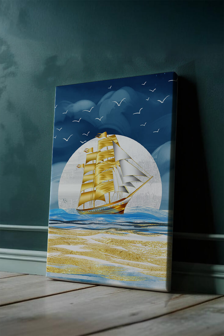 Golden Sailing Ship on the Sea with Seagulls and Blue Horizon
