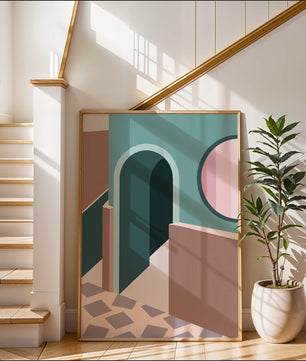 Abstract architectural scene with geometrical shapes