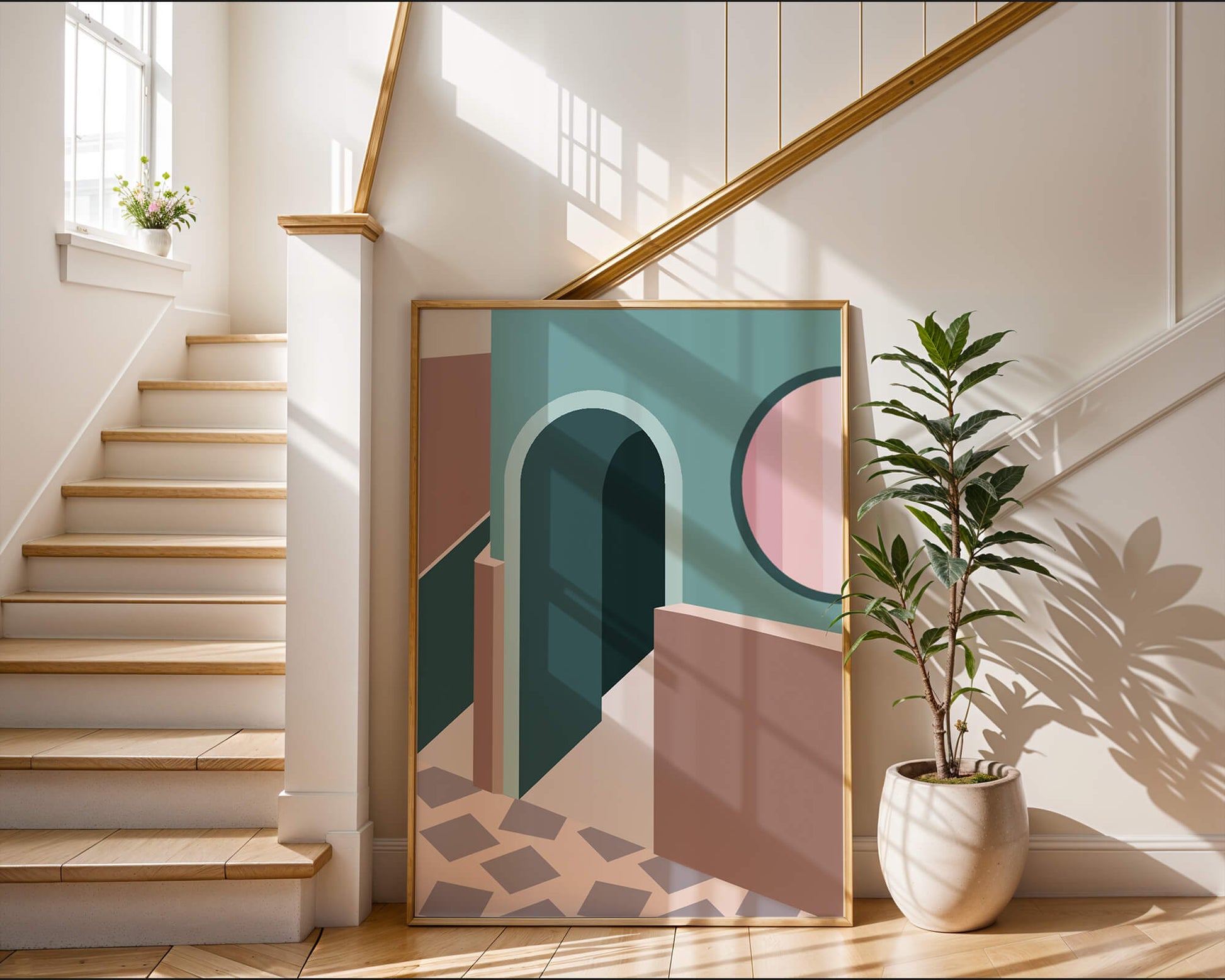 Abstract architectural scene with geometrical shapes
