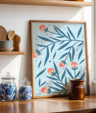 Abstract botanical pattern with colorful flowers and leaves on light blue background