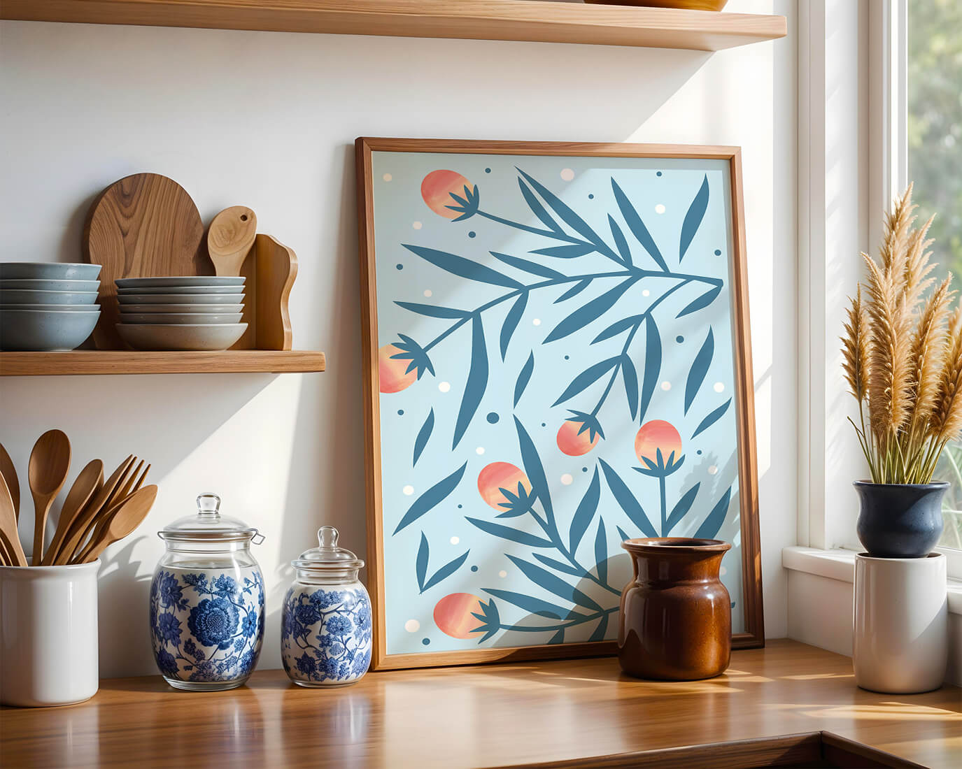 Abstract botanical pattern with colorful flowers and leaves on light blue background