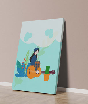 Illustration of a woman with coffee sitting on a guitar surrounded by foliage