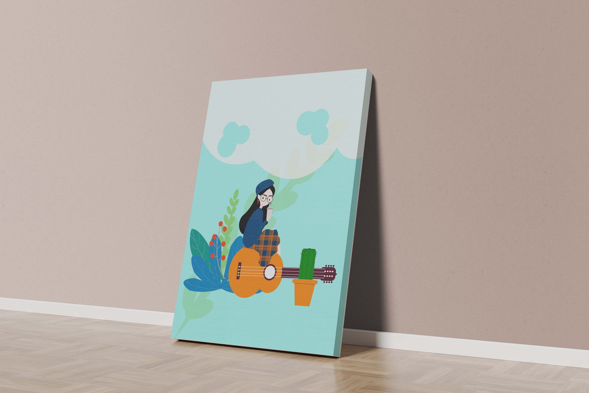 Illustration of a woman with coffee sitting on a guitar surrounded by foliage