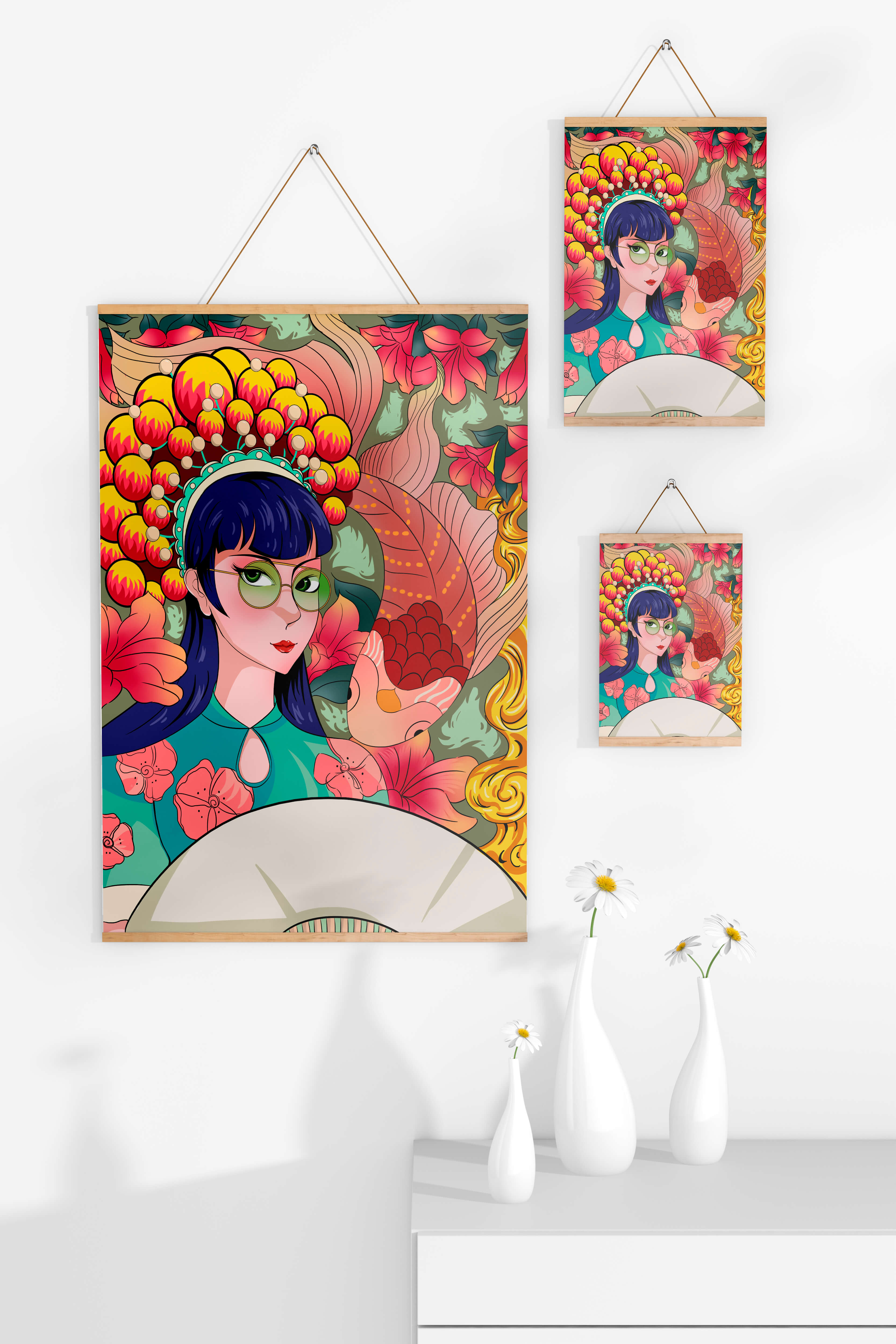 Colorful illustration of a woman with floral headdress and fish background