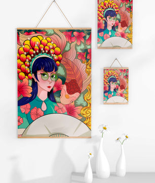 Illustration colorée d’une femme avec une coiffe florale et un fond de poissons