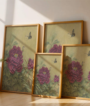Delicate peonies with butterflies in a serene natural setting