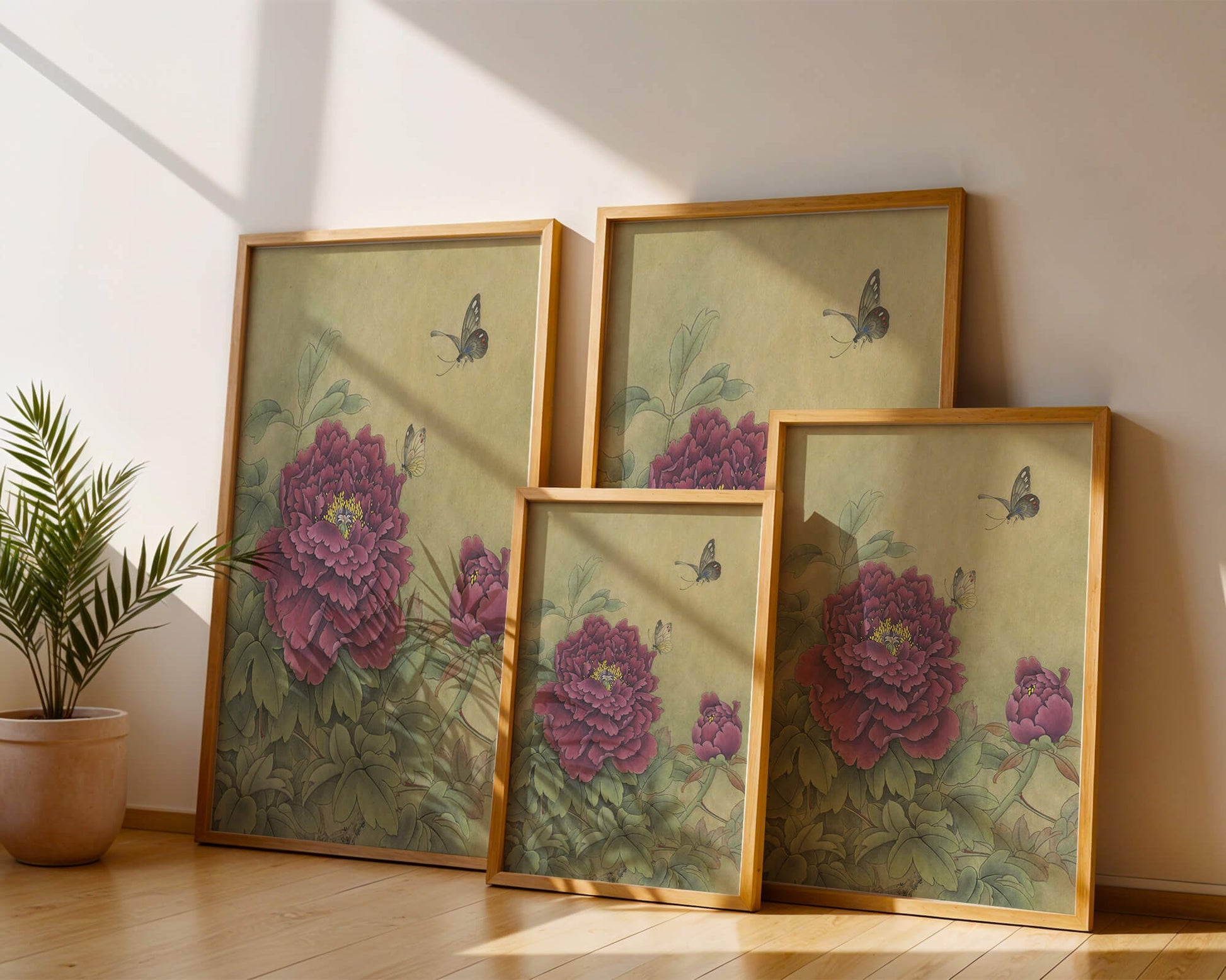 Delicate peonies with butterflies in a serene natural setting
