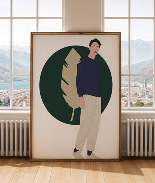 Illustration of a man standing with abstract leaf background