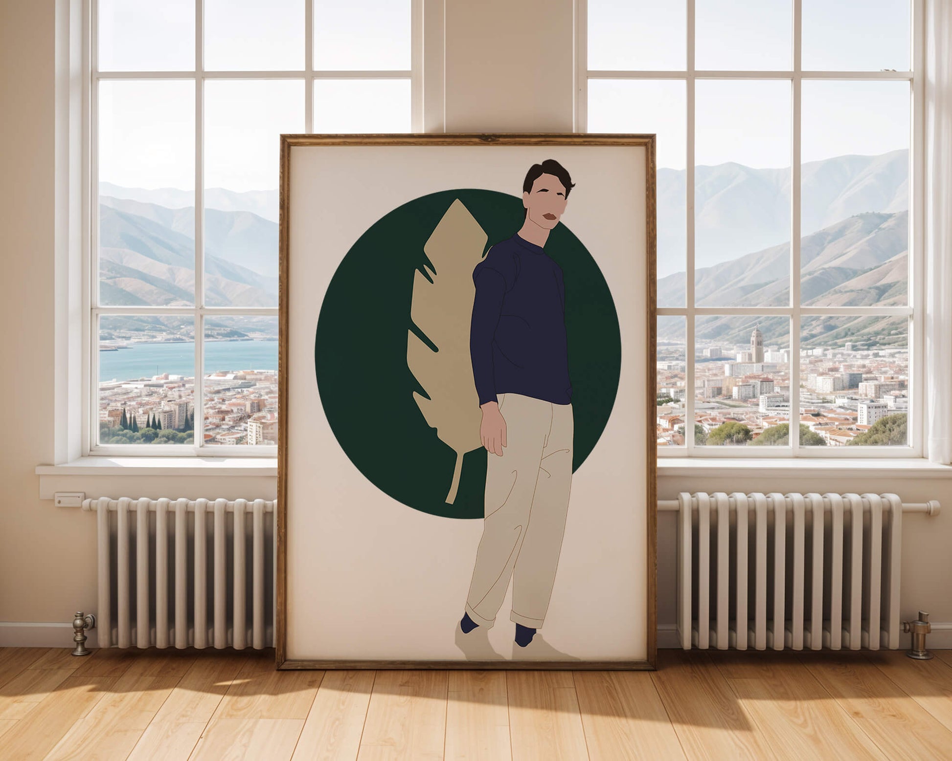 Illustration of a man standing with abstract leaf background