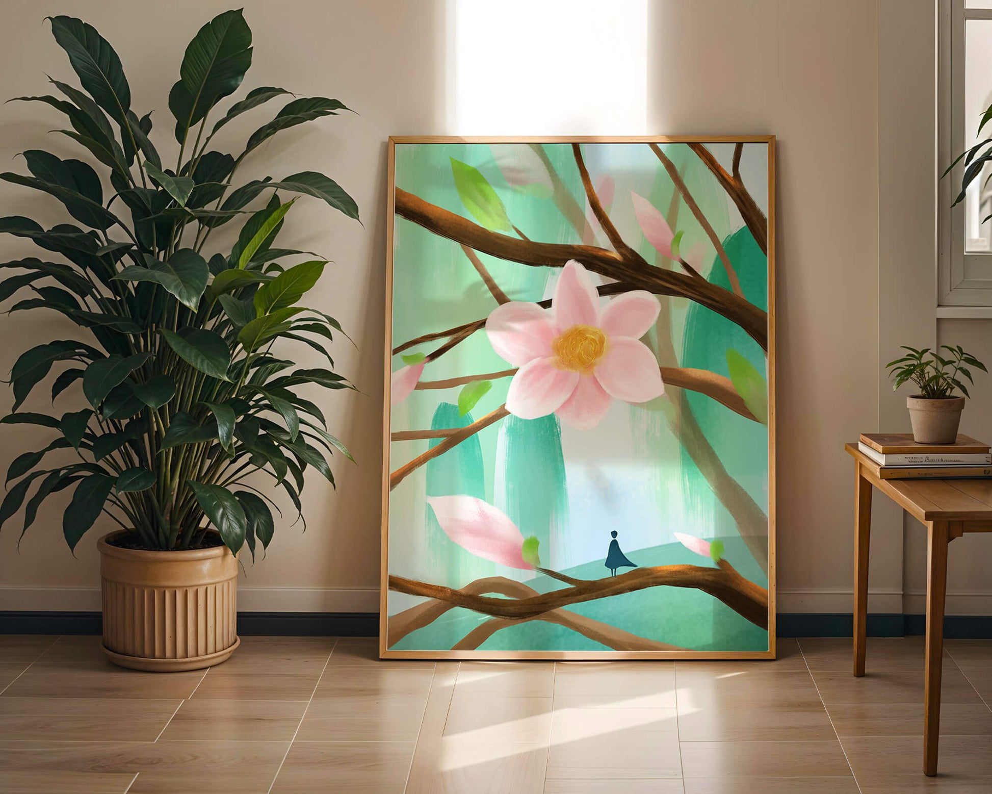 Serene floral artwork with large pink flower on tree branches