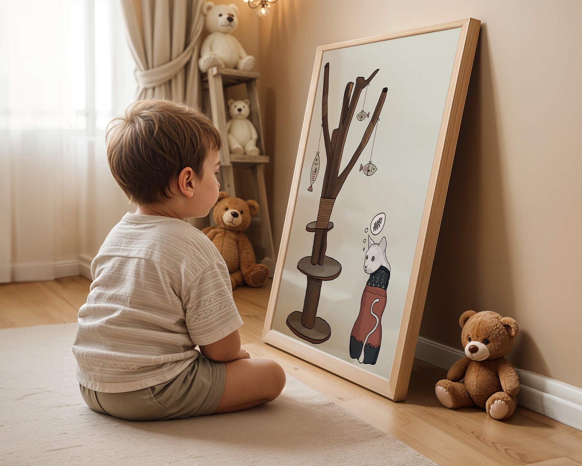Illustration of a cat tree with a thoughtful cat in a sweater