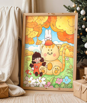 Ilustración caprichosa de una niña, un gato y un conejo en un paisaje otoñal