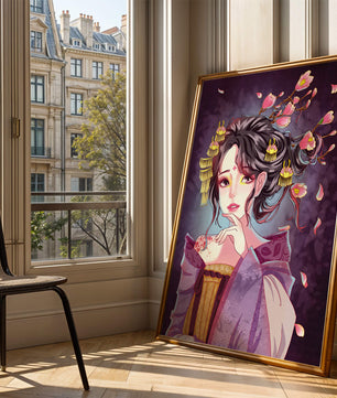 Retrato de anime elegante con acentos florales y dorados