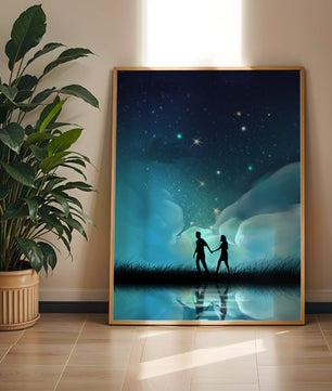 Pareja romántica paseando bajo la noche estrellada con reflejos celestiales