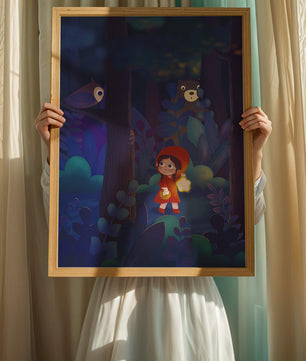 Little Girl in Red Hood Exploring Enchanted Forest at Night with Owl and Bear