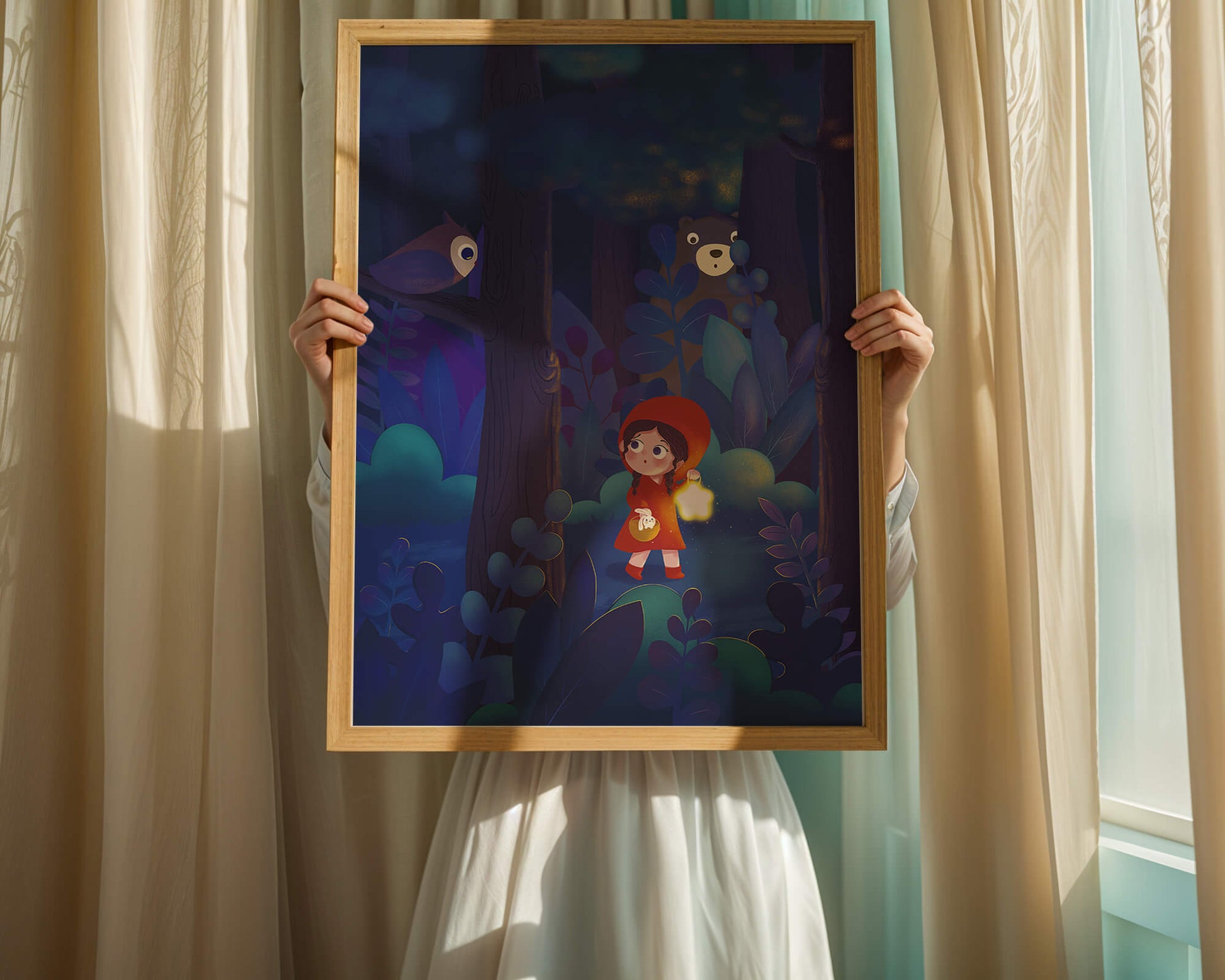 Little Girl in Red Hood Exploring Enchanted Forest at Night with Owl and Bear