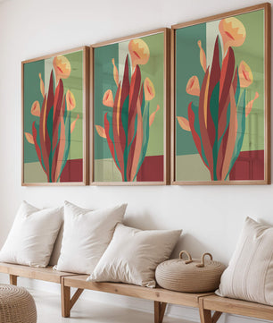 Abstract floral illustration with bold colors and geometric background