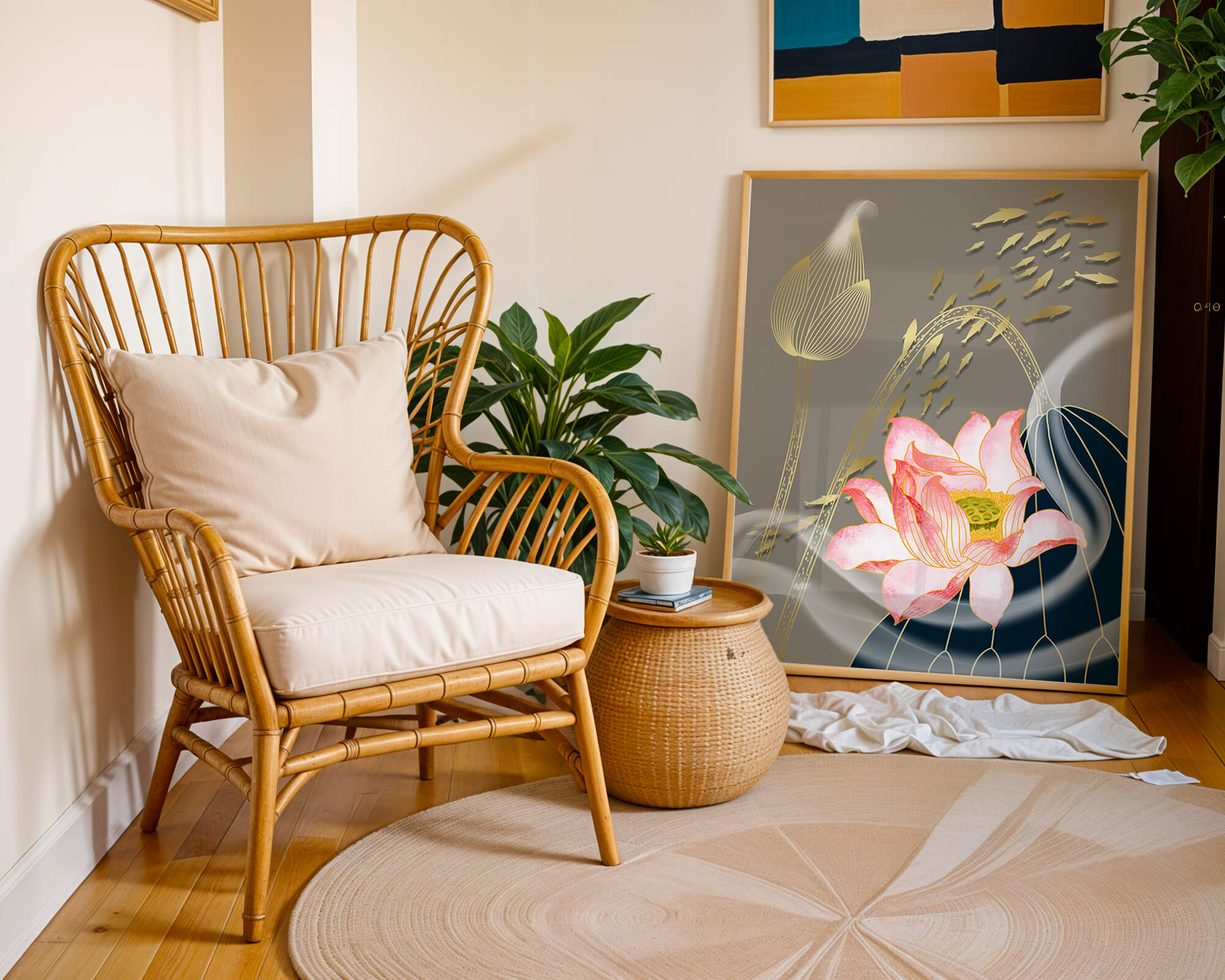 Elegant floral design with blooming lotus and golden fish accents