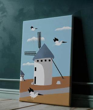Windmill Landscape with Birds in a Minimalist Style