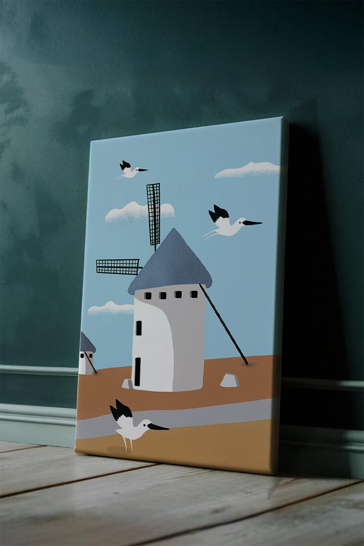 Paisaje de molino de viento con pájaros en estilo minimalista