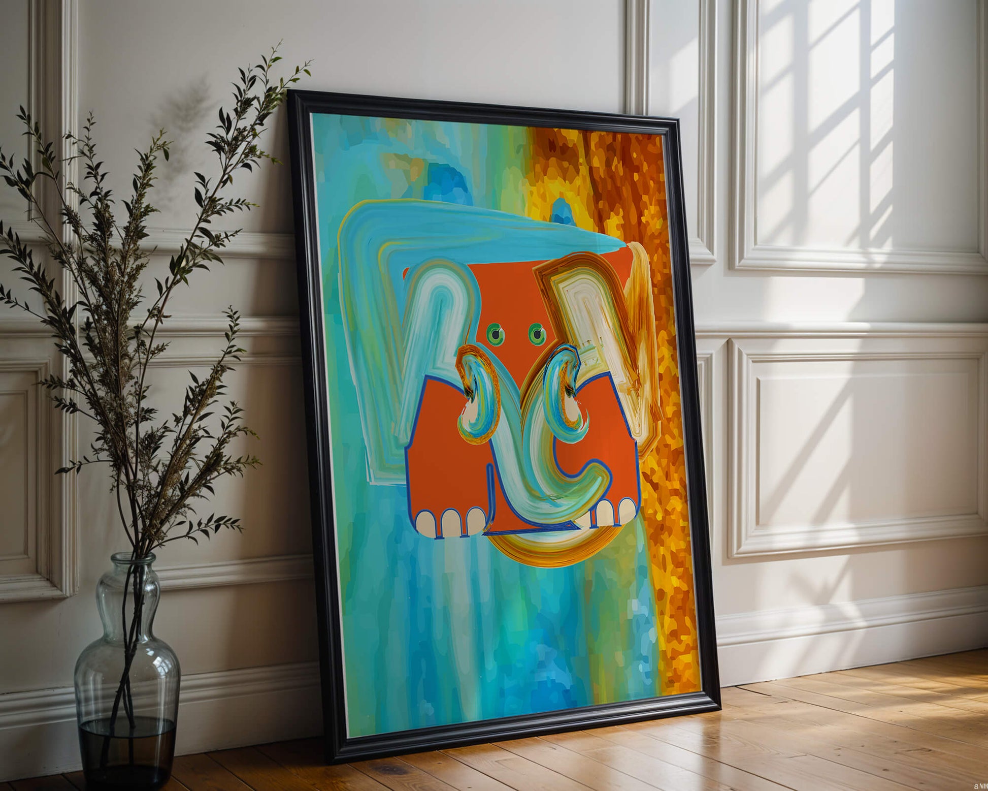 Pintura abstracta colorida de un elefante con tonos vibrantes y pinceladas artísticas.