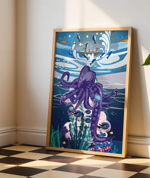 Colorful underwater scene with octopus and fishing boat above