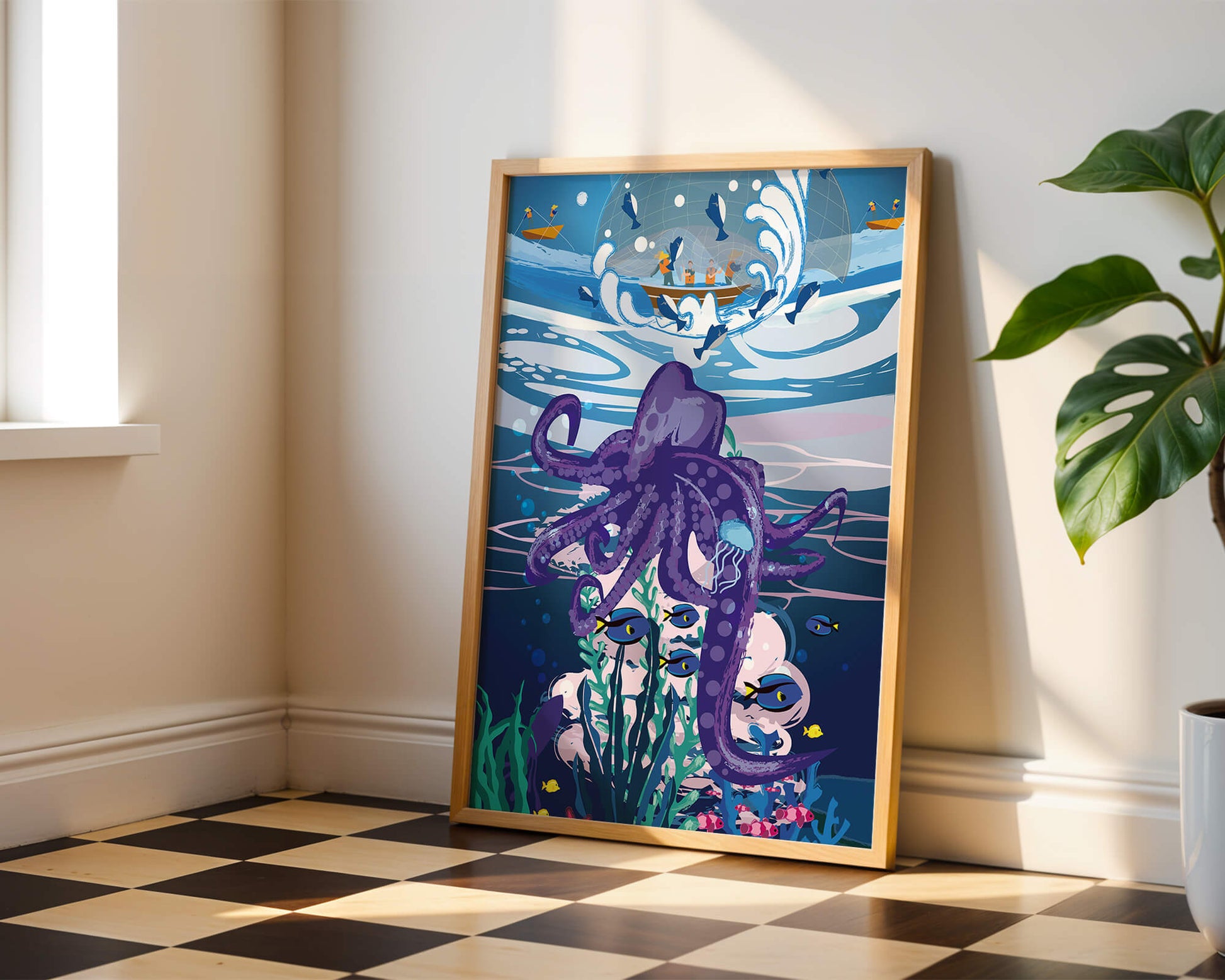 Colorful underwater scene with octopus and fishing boat above