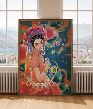 Traditional Asian-inspired illustration with jewelry and floral accents