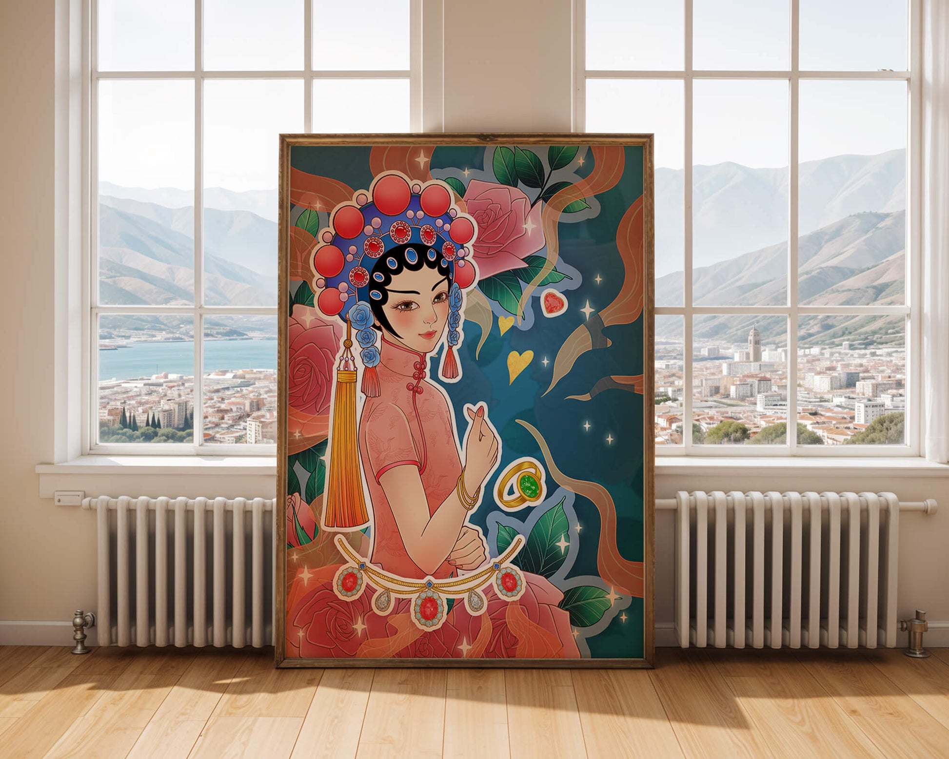 Traditional Asian-inspired illustration with jewelry and floral accents