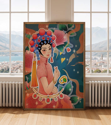 Traditional Asian-inspired illustration with jewelry and floral accents