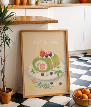 Illustration of a Matcha Roll Cake with Fresh Berries on Pastel Background - Mi tienda