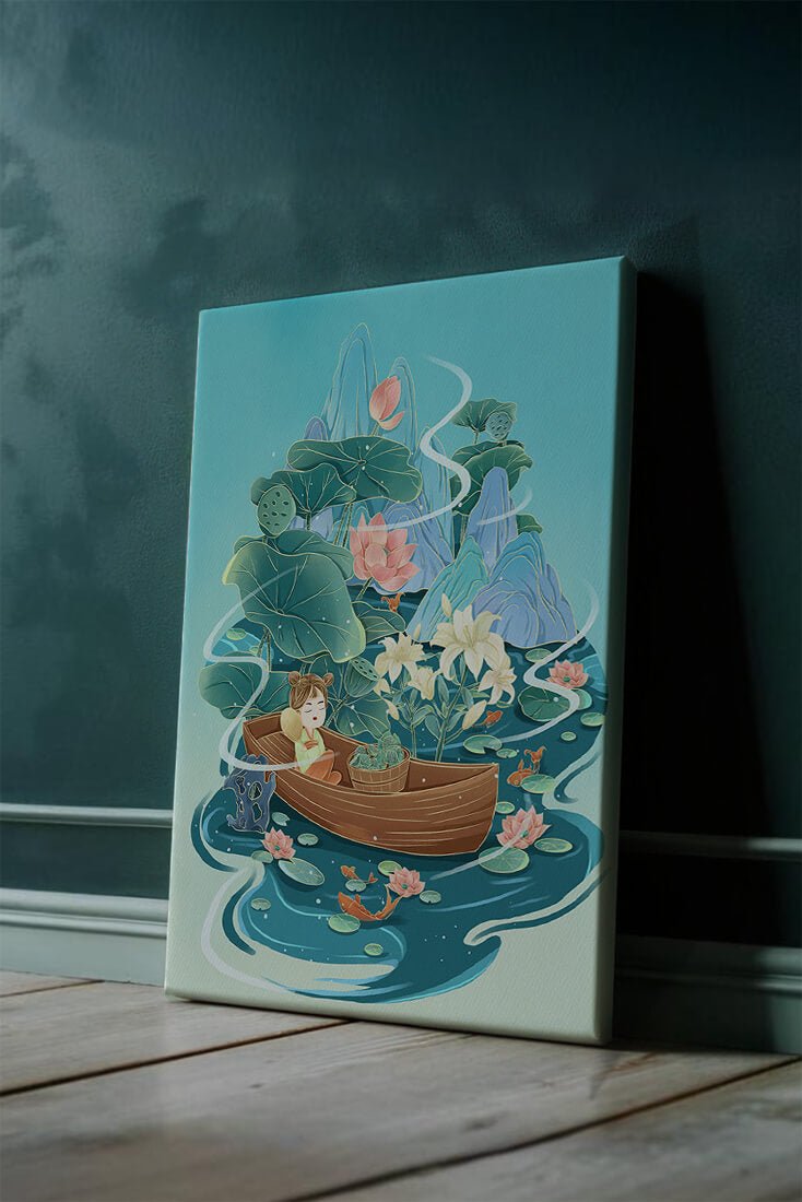 Serene landscape with lotus and boat in a tranquil water scene