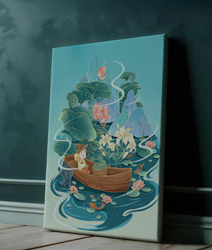 Heitere Landschaft mit Lotus und Boot in einer ruhigen Wasserszene